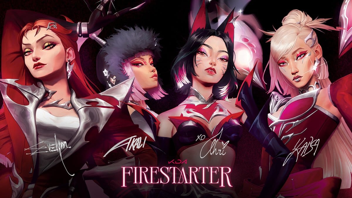 K/DA FIRESTARTER group key art: Kai'Sa, Ahri, Akali and Evelynn